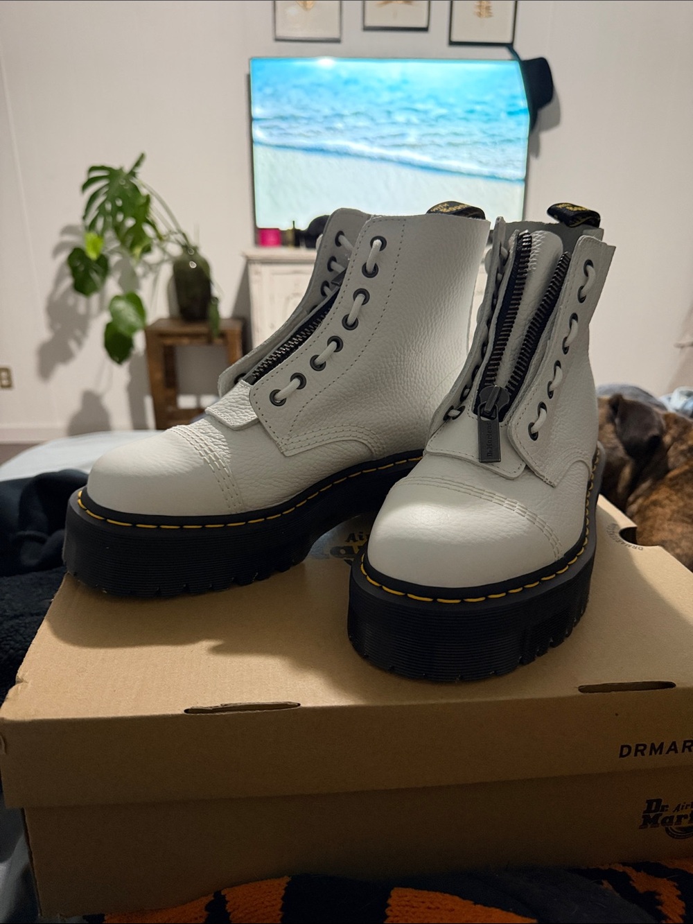 White Platform Zip Combat Boots for Women